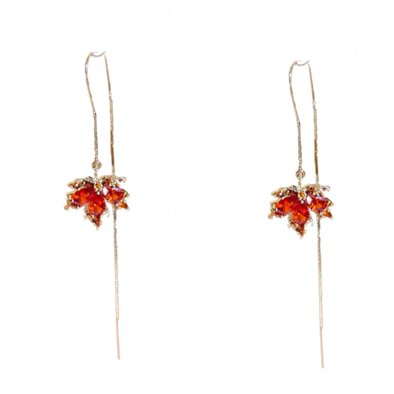 Real Gold Electroplated Silver Needle Zircon Red Maple Leaf Earrings Forest Style Niche Temperament Earrings High-end Light Luxury Earrings For Women