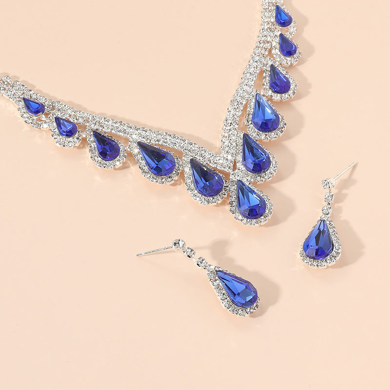 High-end All-match Sapphire Blue Crystal Clavicle Chain Earrings Two-piece Set