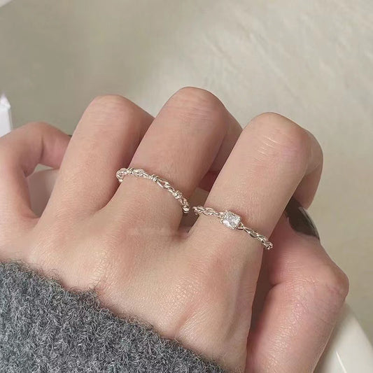 Silver Square Diamond Ring Women's Fashionable Distinctive Ring Opening Adjustable Micro-inlaid Zircon Chain Food Finger Ring Ins