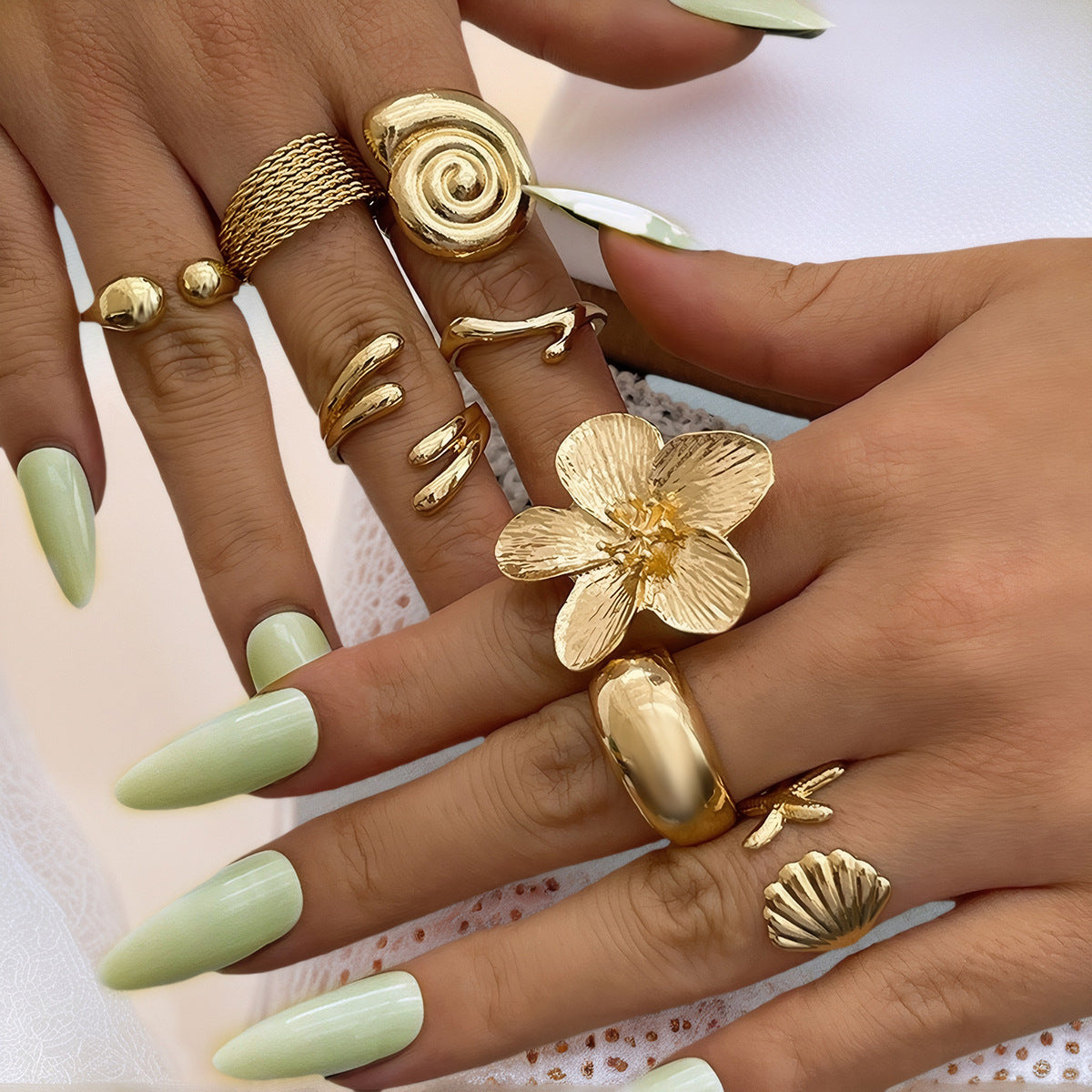 Cross-Border Popular Ocean Beach Style Conch Fan Starfish Ring Jewelry Set Alloy Retro Glossy Plain Ring Bracelet