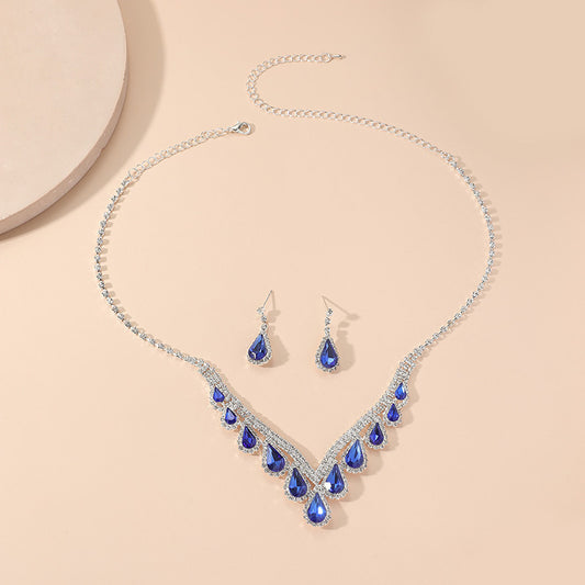 High-end All-match Sapphire Blue Crystal Clavicle Chain Earrings Two-piece Set