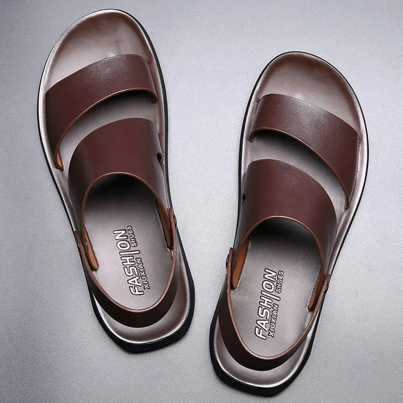 Korean Style Summer New Leather Slippers Men's Flip-Flops Sandals Non-Slip Soft Bottom Beach Shoes Men's Trendy Outdoor Slippers