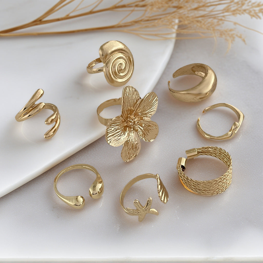 Cross-Border Popular Ocean Beach Style Conch Fan Starfish Ring Jewelry Set Alloy Retro Glossy Plain Ring Bracelet