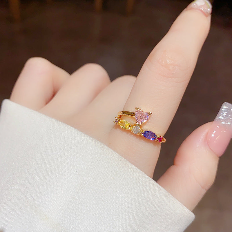 Light Luxury Sweet Personality Exquisite Colorful Zircon Lovely Open Ring Niche Design Sense Fashion All-match Hand Jewelry