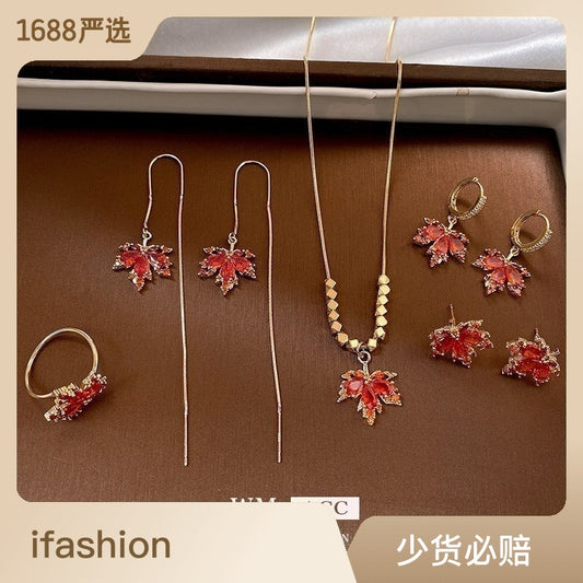 Real Gold Electroplated Silver Needle Zircon Red Maple Leaf Earrings Forest Style Niche Temperament Earrings High-end Light Luxury Earrings For Women