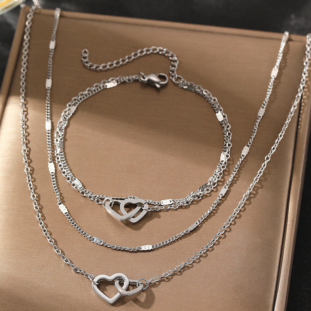 Stainless Steel Double Layer Design Peach Heart Design Bracelet Necklace Suit Fashion Collarbone Chain Valentine&#039;s Day Gift