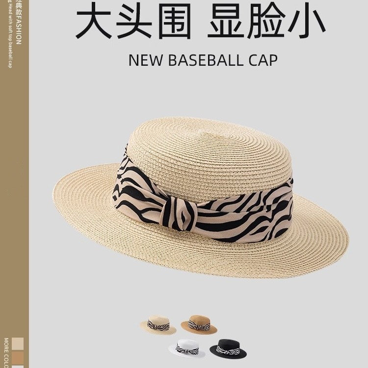 Flat Top Hat Women's French 2025 Summer New Straw Sun Hat Travel To The Seaside Sun Protection Sun Hat