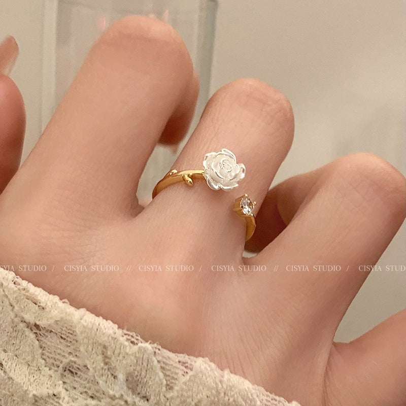 Camellia Flower Ring Women's Open Adjustable Niche Design High-grade Zircon Index Finger Ring 2023 New Fashion Women